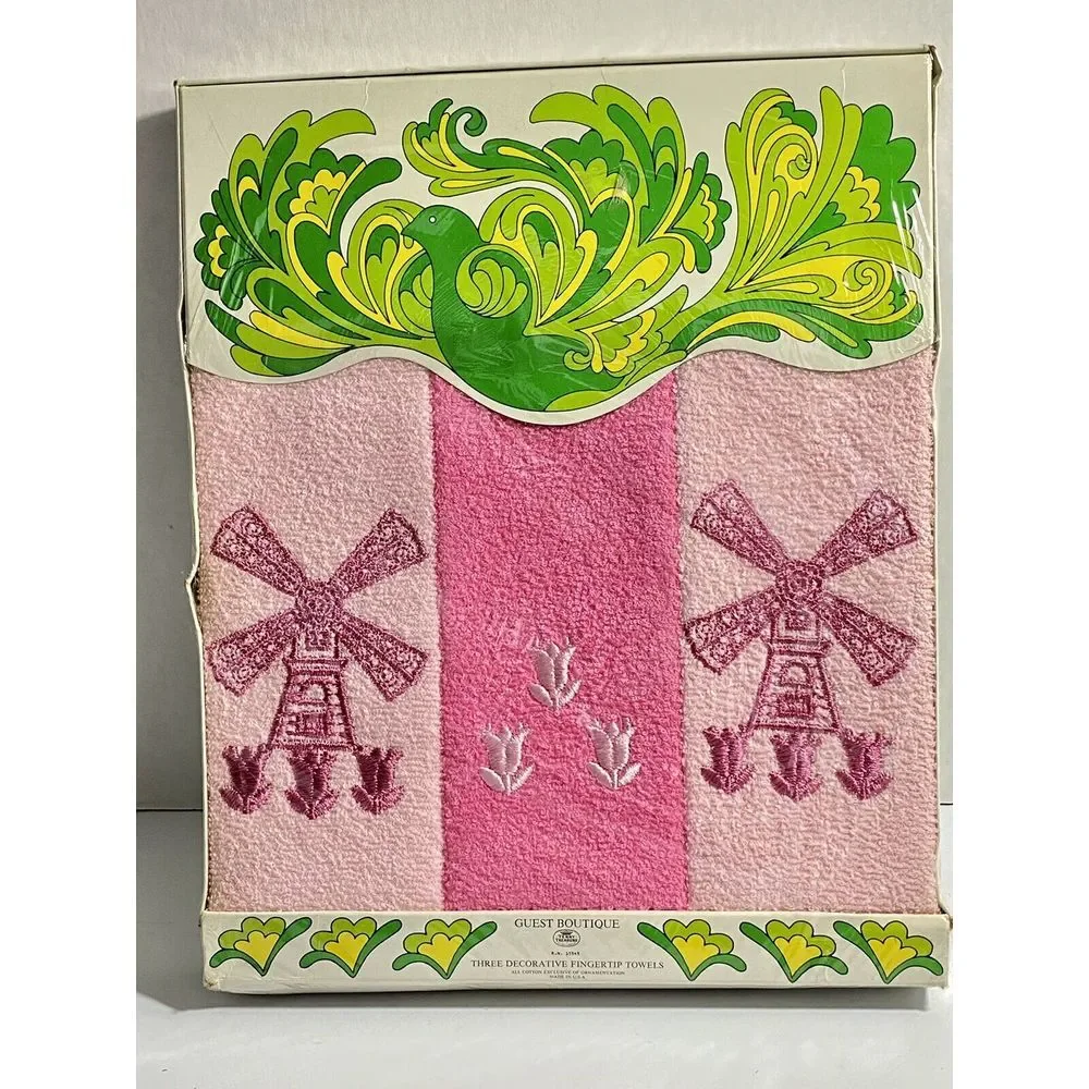 Vtg Terry Treasure Set Of Three Fingertip Towels New In Gift Box Windmill Tulips